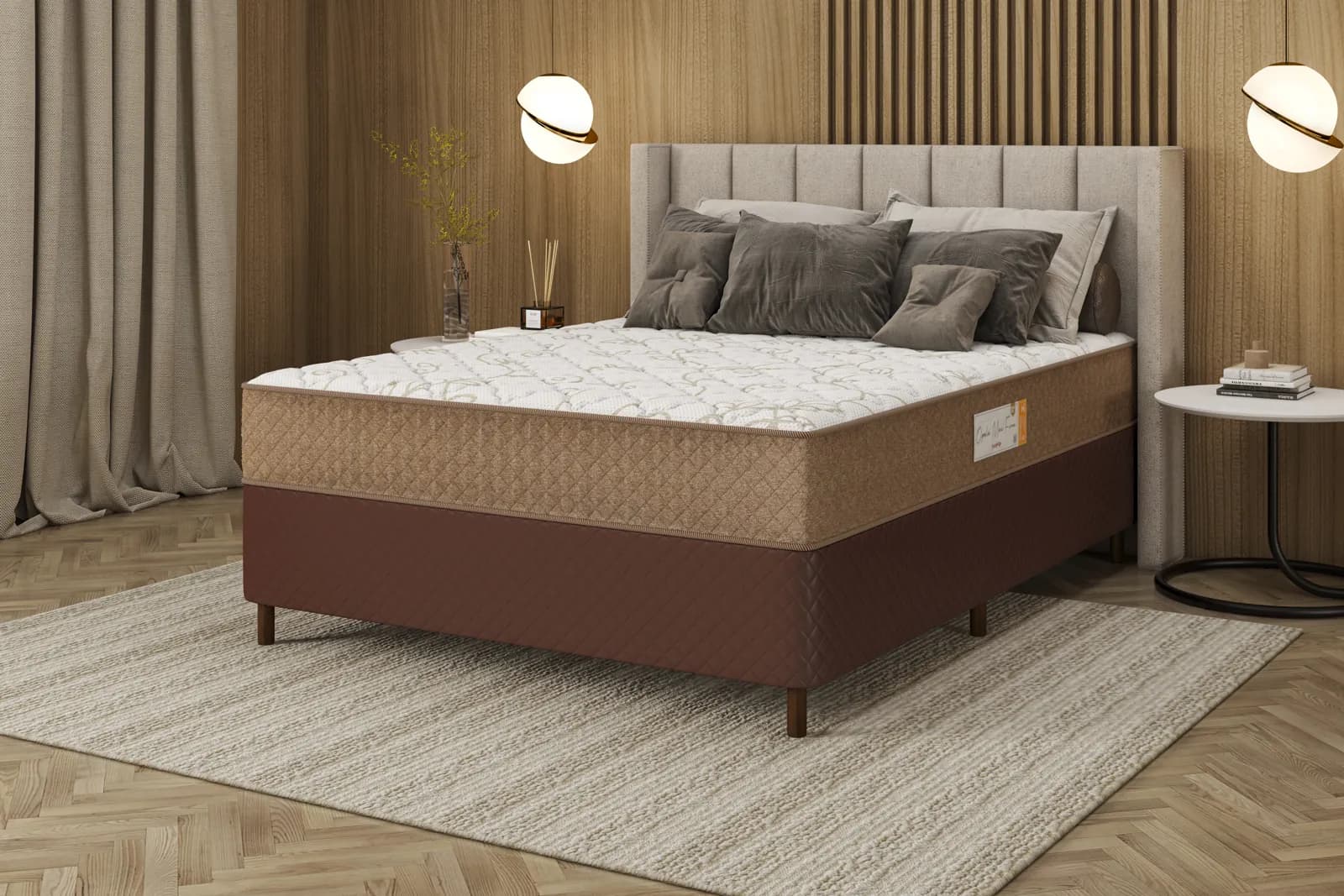 Conjunto Opala Max Firm em quarto com cabeceira estofada