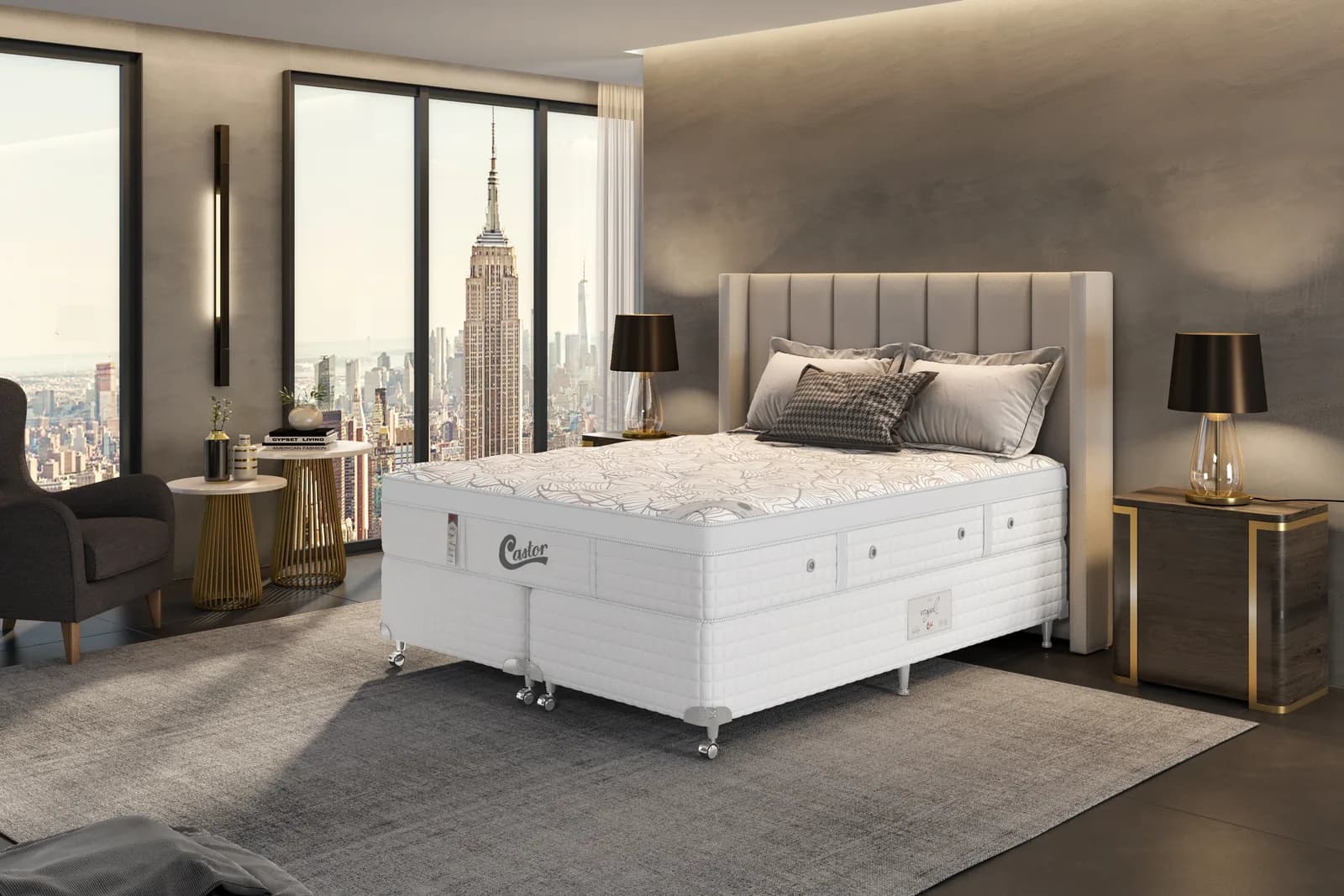 Conjunto Castor Vitagel New Pocket branco em quarto com vista da cidade