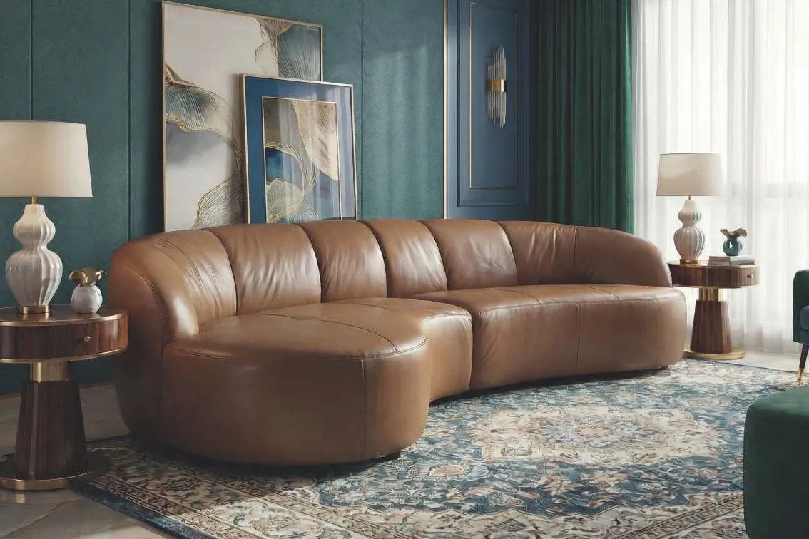 Sofá Curvo com Chaise de Couro Praga
